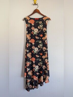 Vintage Sheer Floral Dress w Waist Cinching Tie, Asymtrical Ruffle Hem, Size S